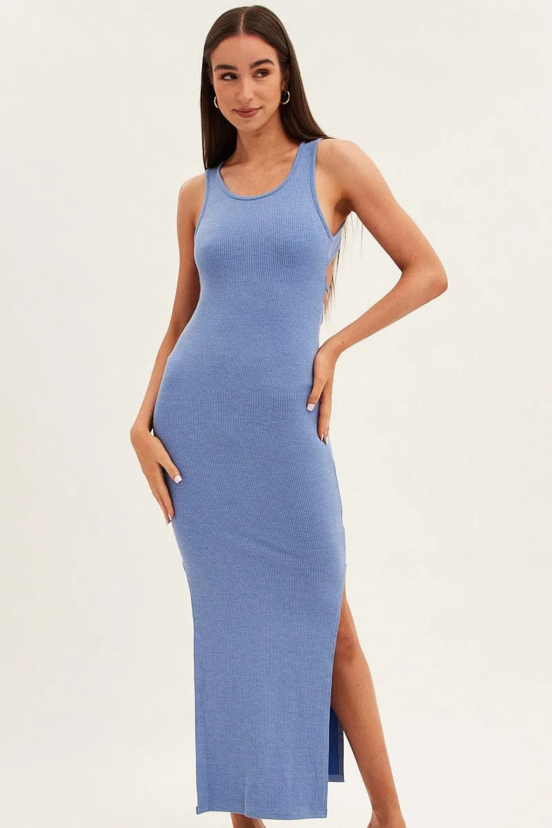 Blue Maxi Dress Sleeveless Bodycon Rib