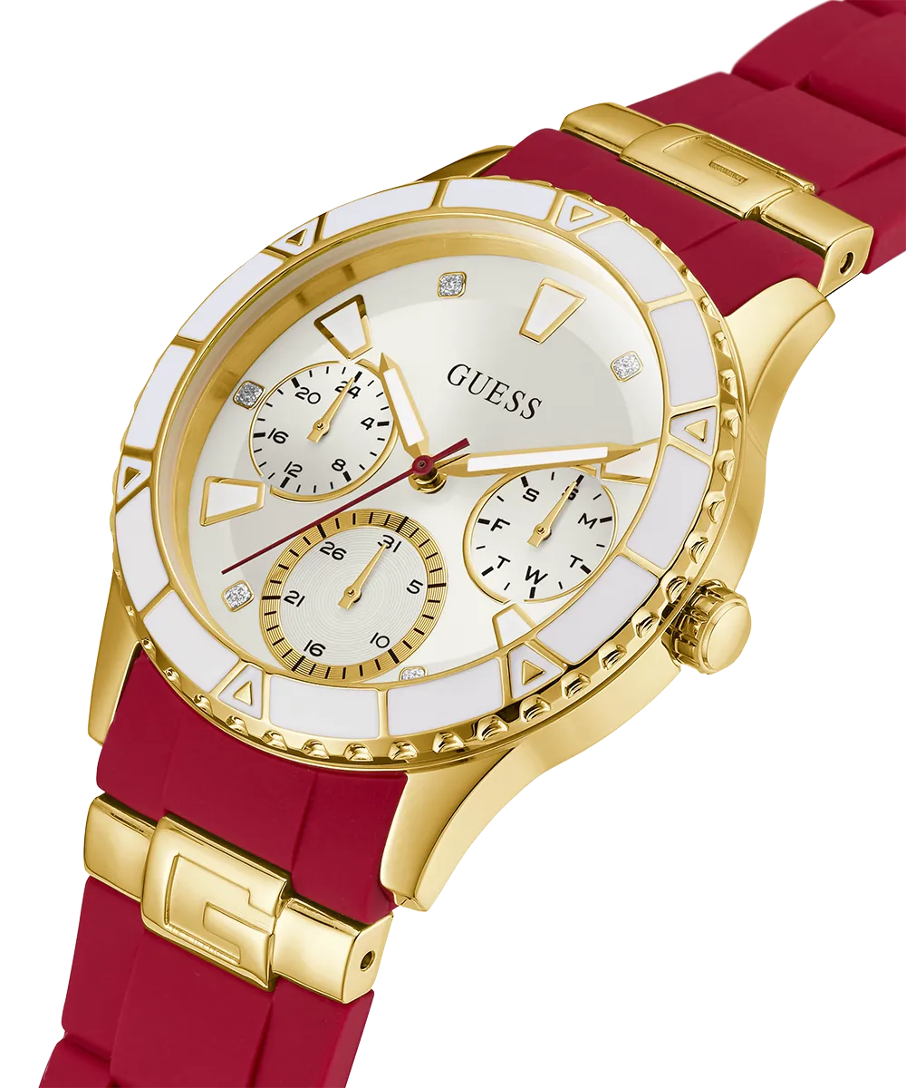GUESS Ladies Red Gold Tone Multi-function Watch
