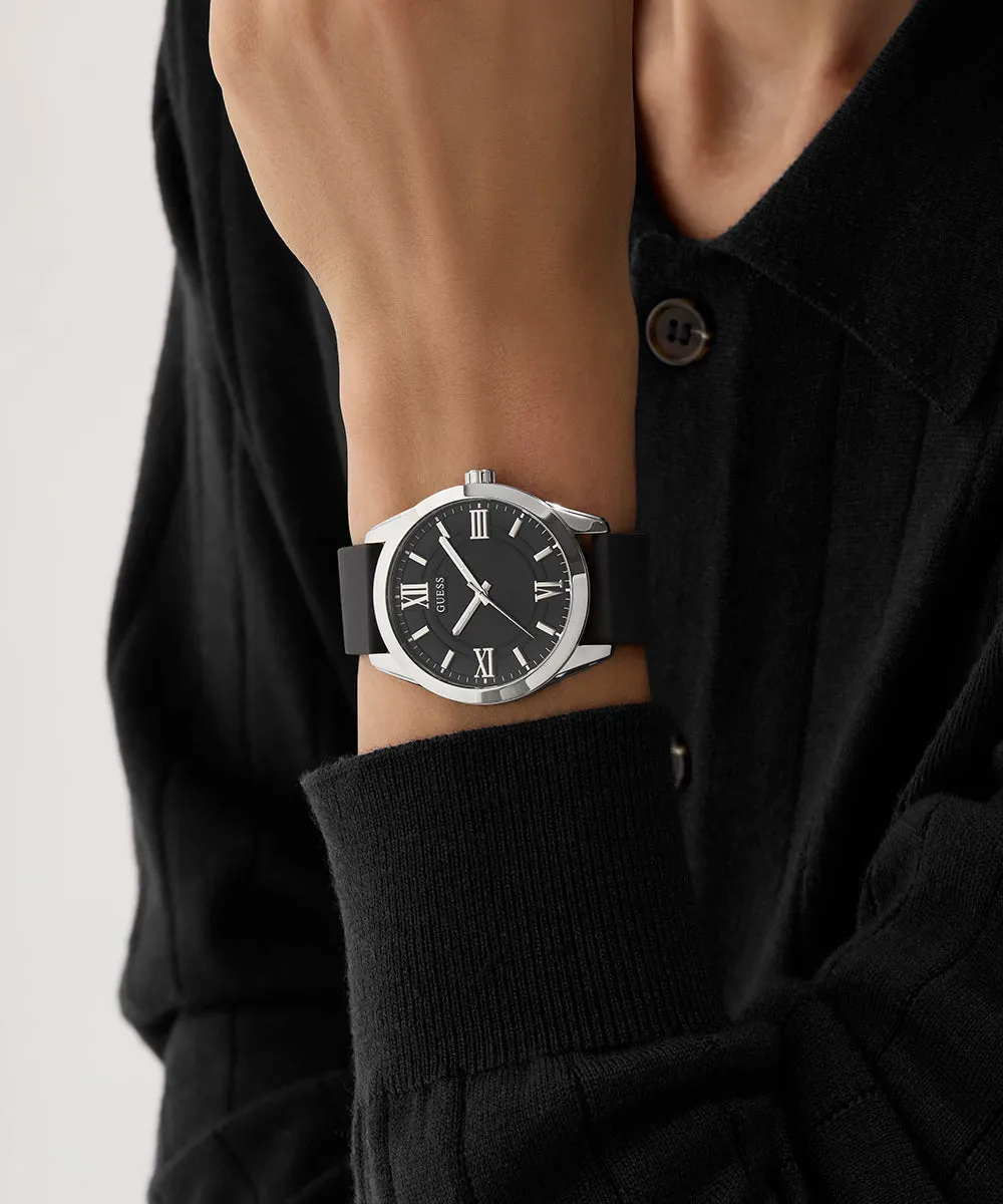 GUESS Mens Black Silver Tone Analog Watch