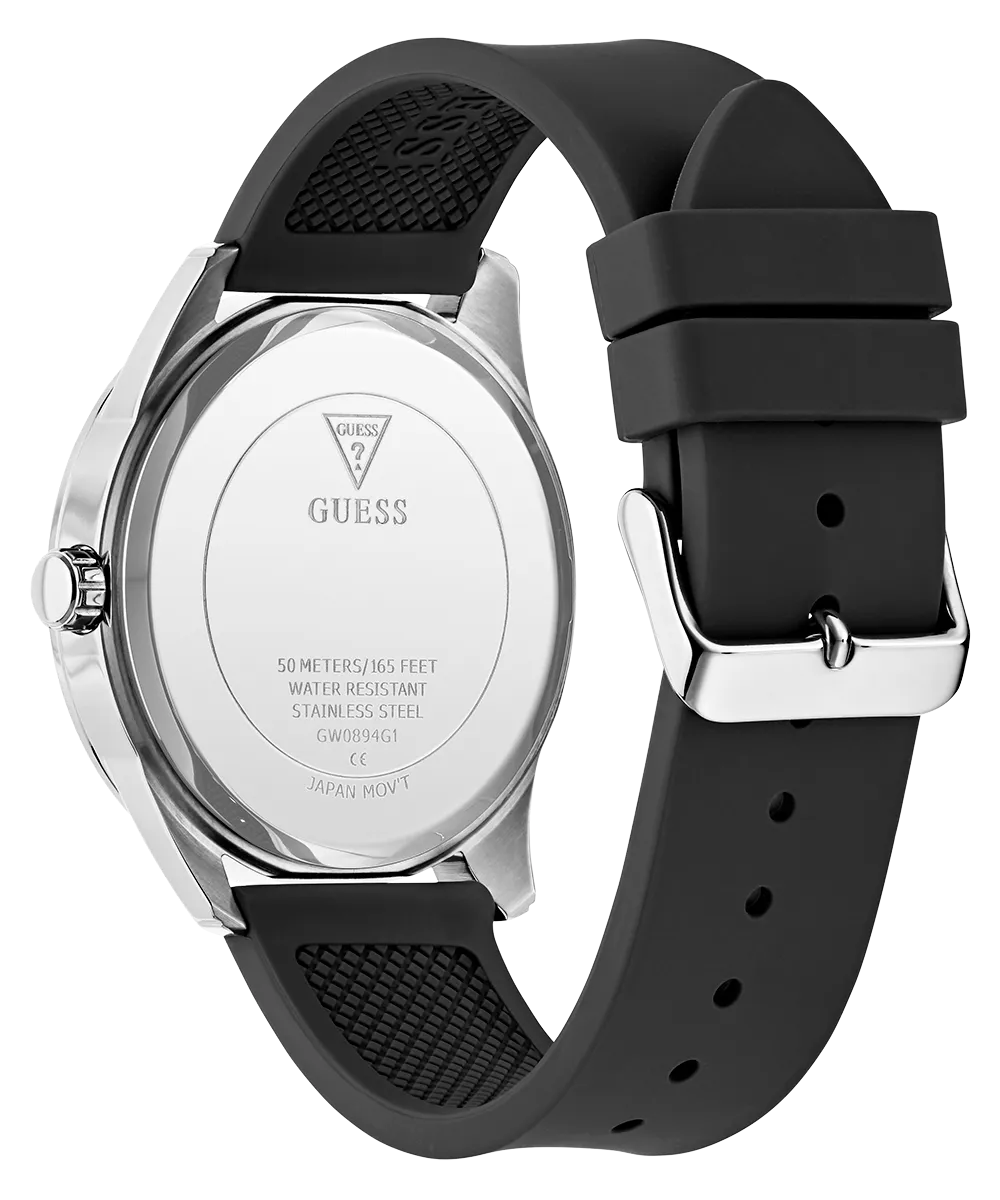 GUESS Mens Black Silver Tone Analog Watch