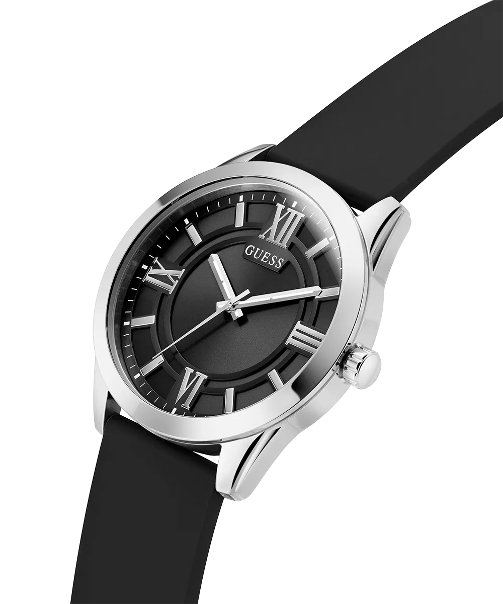 GUESS Mens Black Silver Tone Analog Watch