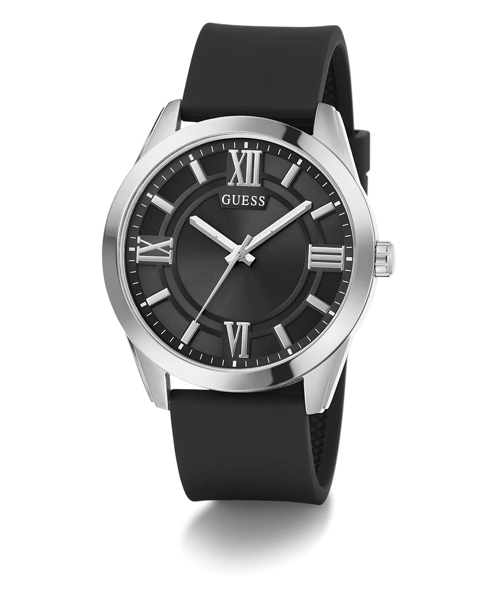 GUESS Mens Black Silver Tone Analog Watch