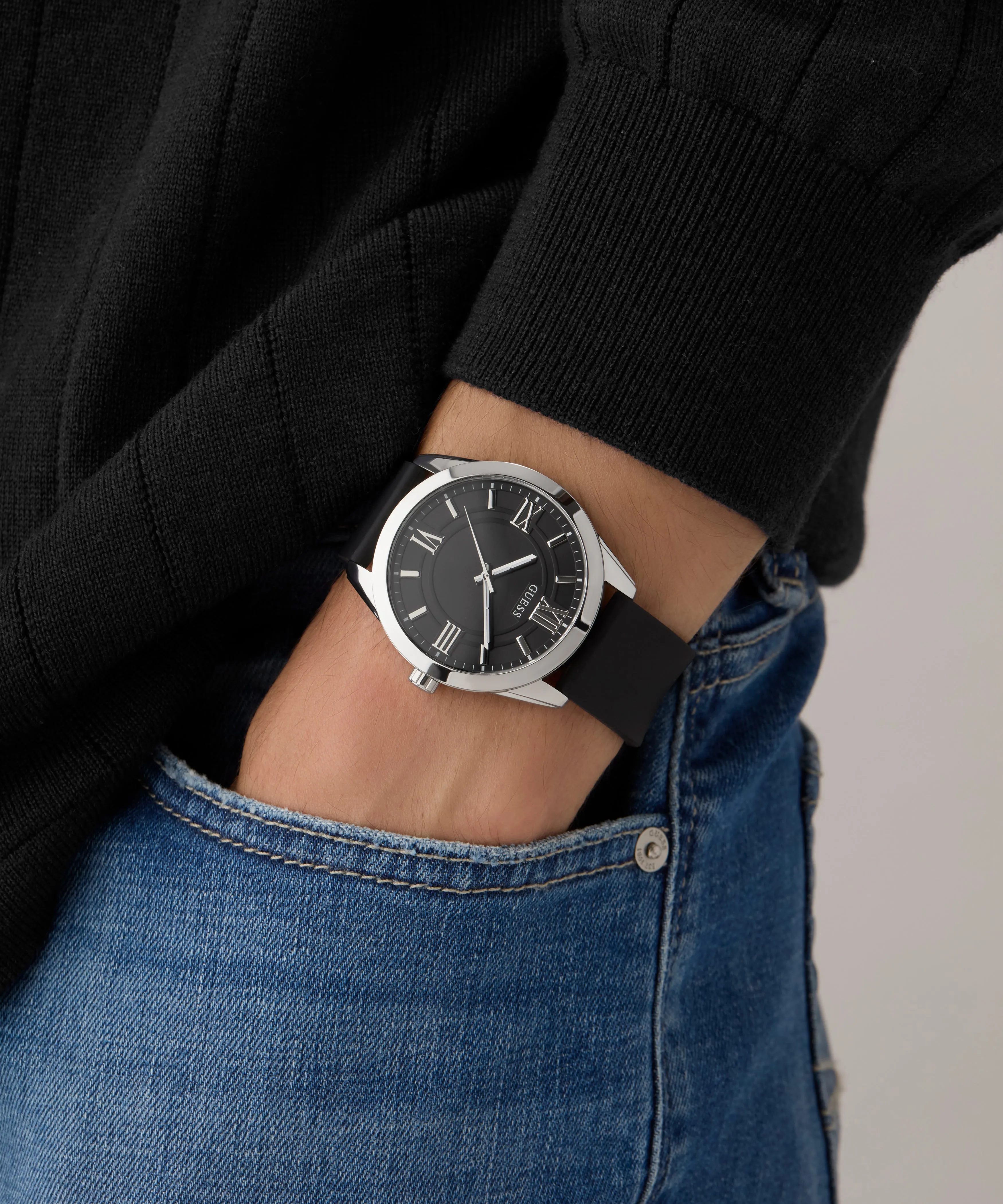 GUESS Mens Black Silver Tone Analog Watch