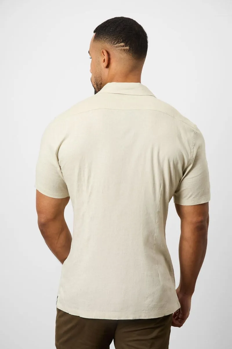 Linen Blend Cuban Collar Shirt in Stone
