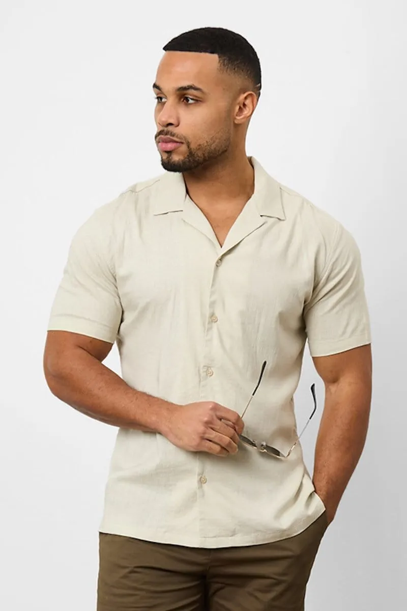 Linen Blend Cuban Collar Shirt in Stone