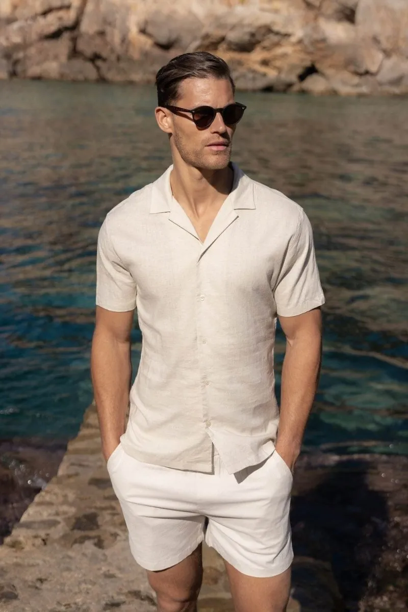 Linen Blend Cuban Collar Shirt in Stone