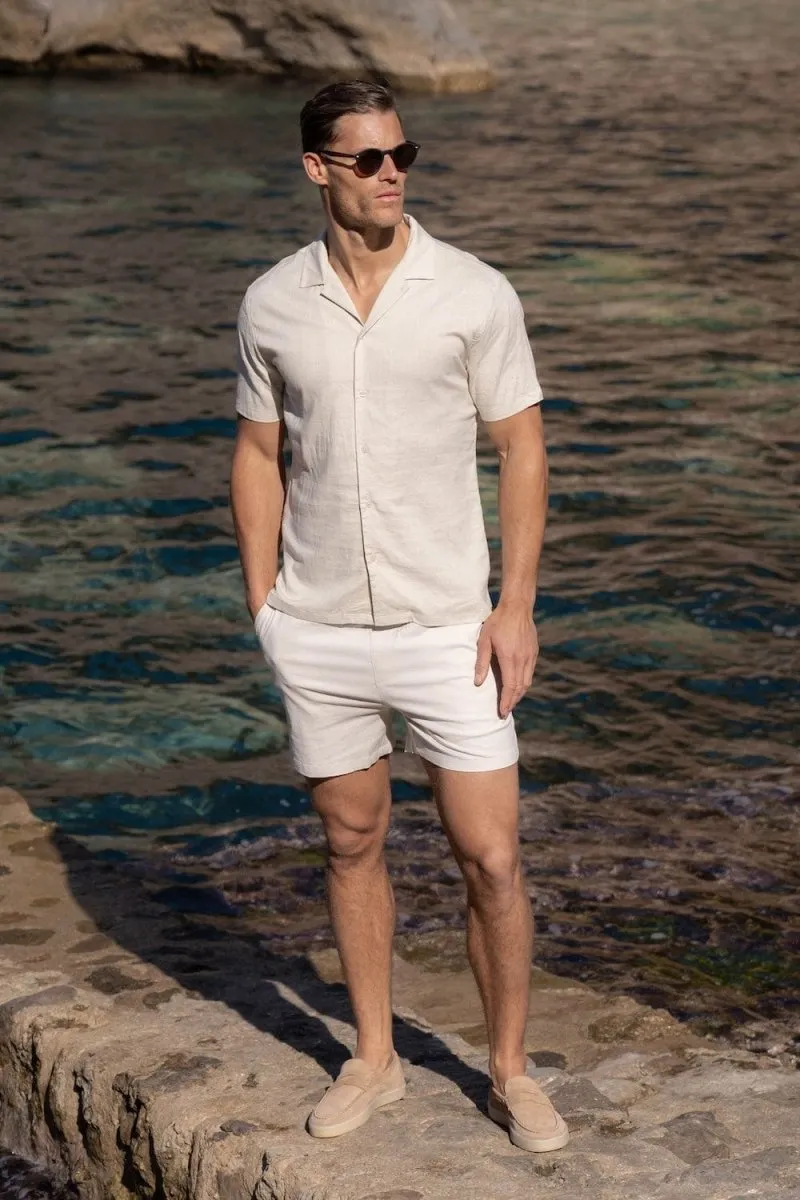 Linen Blend Cuban Collar Shirt in Stone