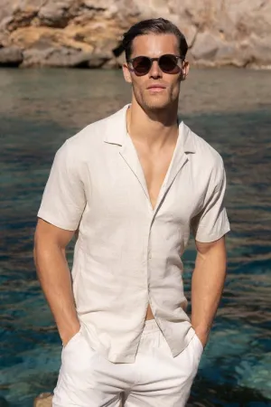 Linen Blend Cuban Collar Shirt in Stone