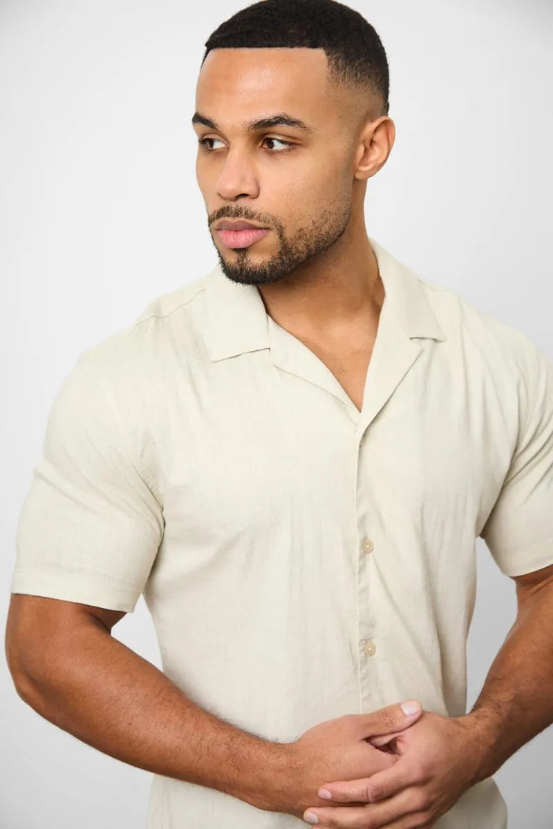 Linen Blend Cuban Collar Shirt in Stone