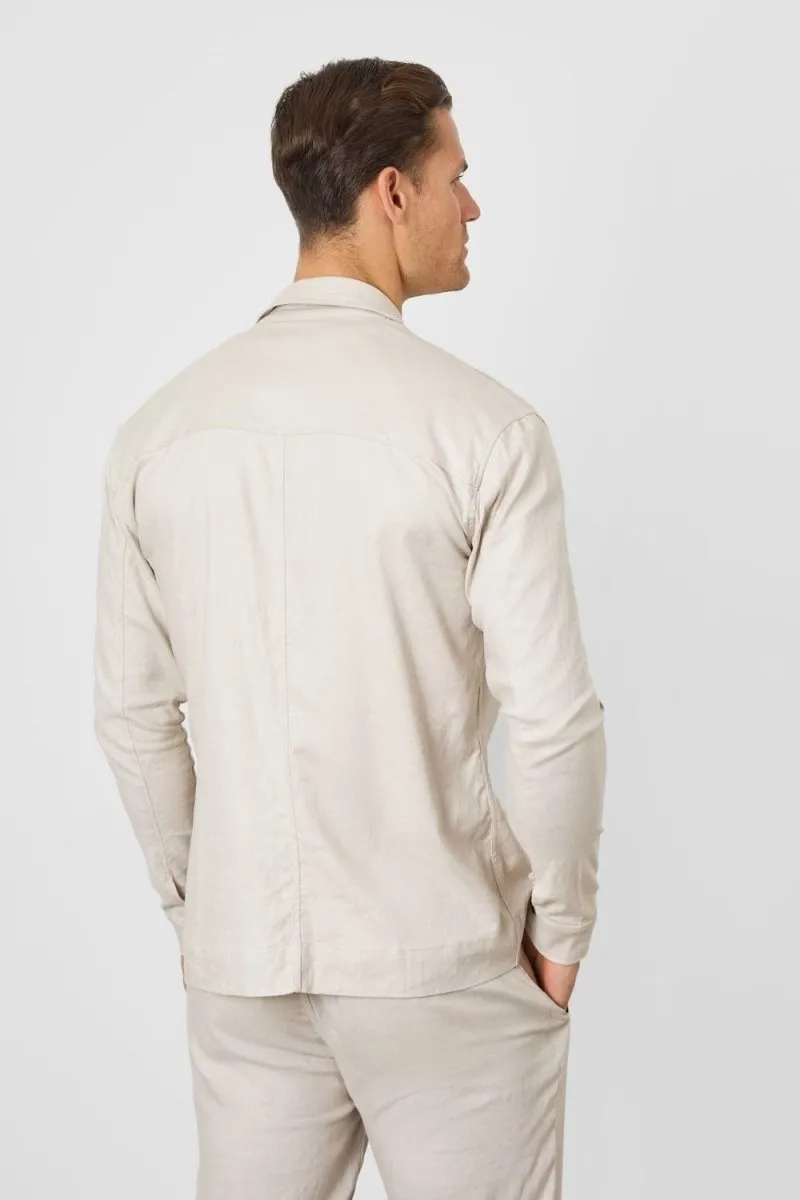 Linen Blend Pocket Overshirt in Stone