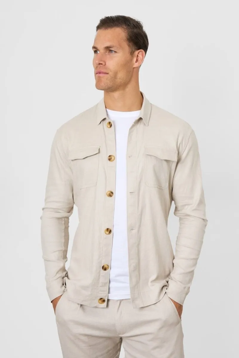 Linen Blend Pocket Overshirt in Stone
