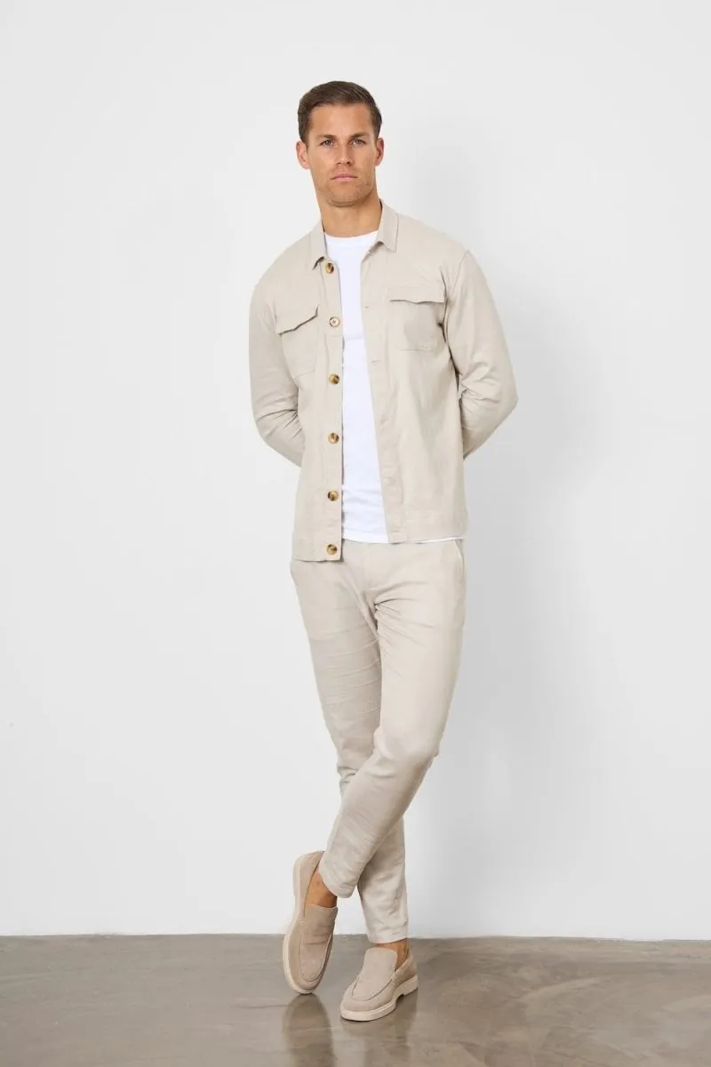 Linen Blend Pocket Overshirt in Stone