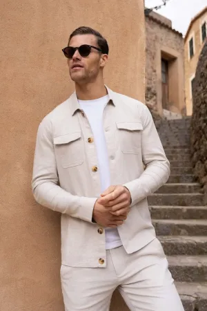 Linen Blend Pocket Overshirt in Stone