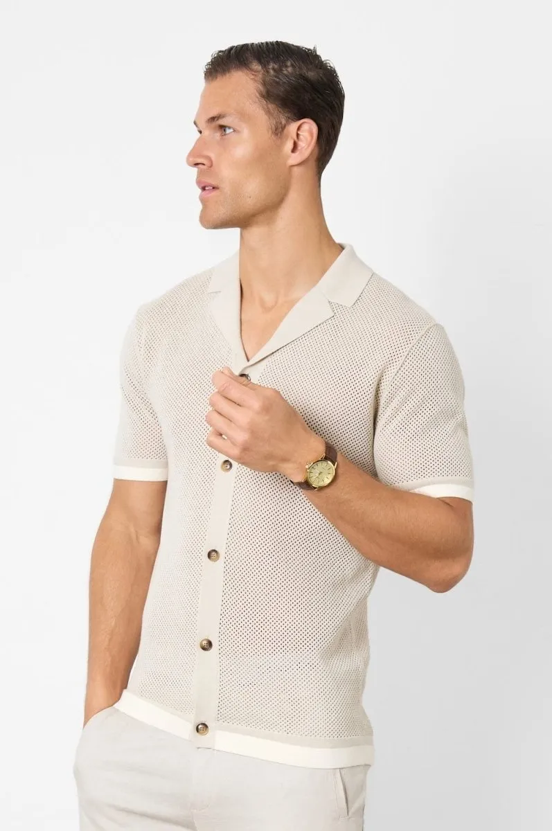 Open Stitch Cuban Collar Knitted Shirt in Stone
