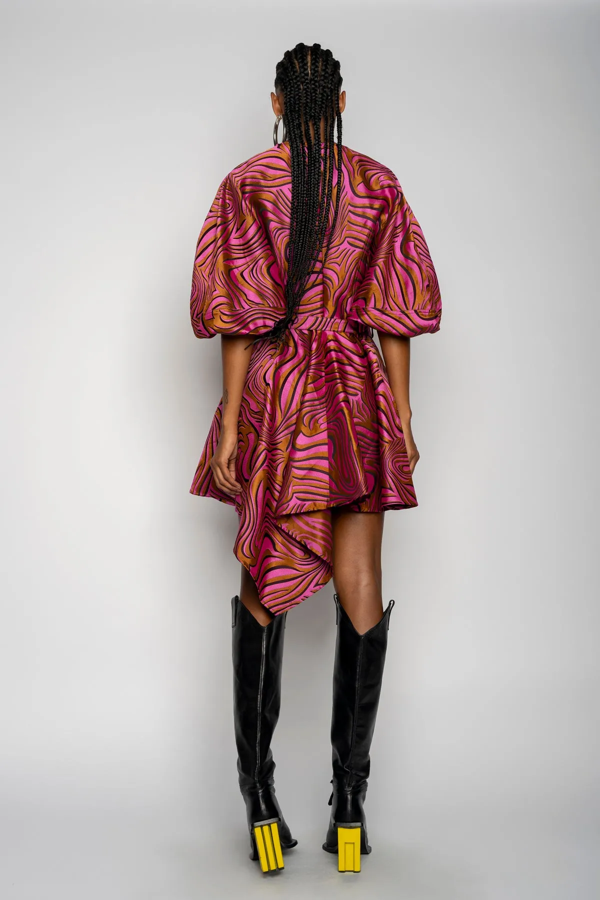 PINK ZEBRA BROCADE BALLOON SLEEVE DRESS