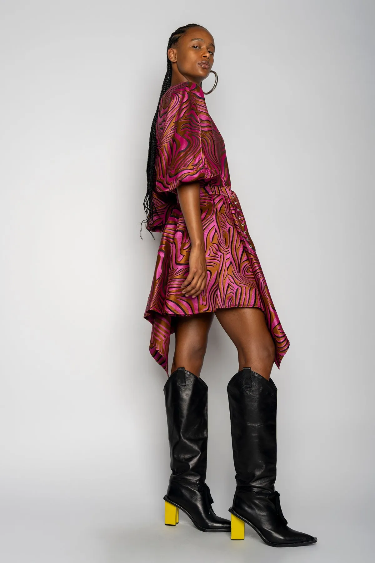 PINK ZEBRA BROCADE BALLOON SLEEVE DRESS