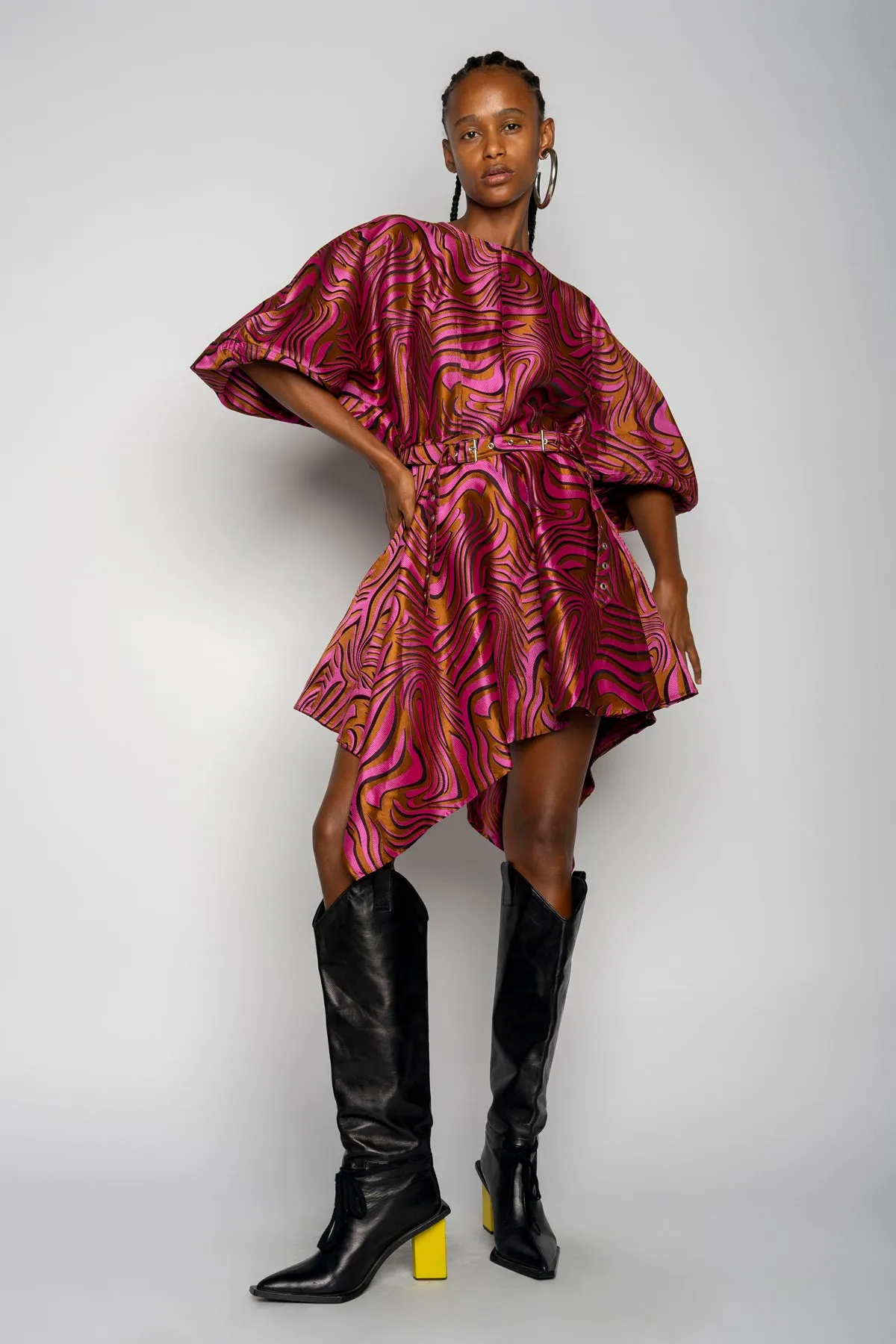 PINK ZEBRA BROCADE BALLOON SLEEVE DRESS